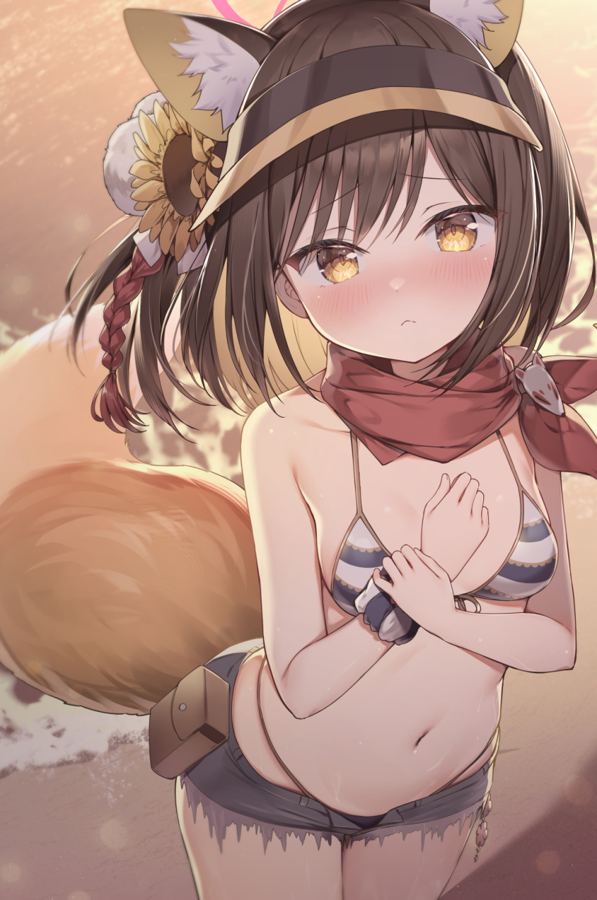 1girl :&lt; animal_ears bikini bikini_under_clothes bikini_under_shorts blue_archive blue_bikini blue_shorts blush breasts brown_hair closed_mouth commentary_request cowboy_shot flower fox_ears fox_girl fox_tail front-tie_bikini_top front-tie_top hair_flower hair_ornament halo highres izuna_(blue_archive) izuna_(swimsuit)_(blue_archive) looking_at_viewer micro_shorts navel official_alternate_costume one_side_up open_fly pink_halo red_scarf scarf short_hair shorts small_breasts solo striped striped_bikini swimsuit tail topia visor_cap yellow_eyes