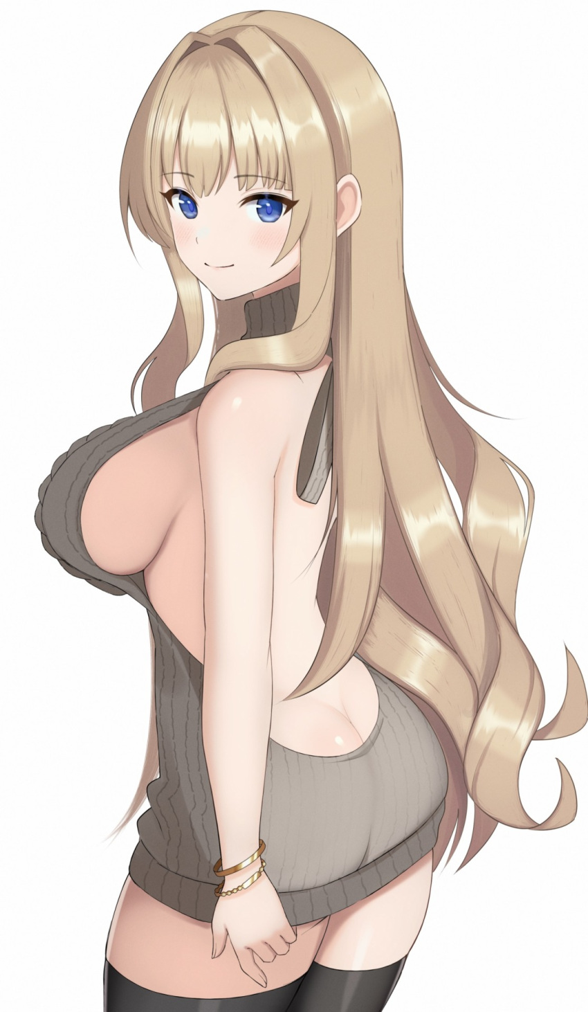 1girl arched_back arm_at_side ass backless_dress backless_outfit bare_arms bare_back bare_shoulders black_thighhighs blue_eyes blush bracelet breasts butt_crack closed_mouth commentary cowboy_shot dolphin_wave dress from_behind grey_sweater hair_intakes halterneck highres jewelry kirahoshi_kanna large_breasts light_brown_hair long_hair looking_at_viewer looking_back meme_attire ribbed_sweater sideboob sidelocks simple_background smile solo standing surippa1010 sweater sweater_dress thighhighs turtleneck turtleneck_sweater very_long_hair virgin_killer_sweater wavy_hair white_background