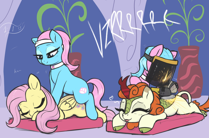 aloe_(mlp) asian_mythology autumn_blaze_(mlp) chinese_mythology east_asian_mythology equid equine eyes_closed face_shield female feral fluttershy_(mlp) friendship_is_magic group hasbro hi_res kirin lotus_(mlp) lying mammal mask massage my_little_pony mythology on_front pegasus t72b welding_mask wings