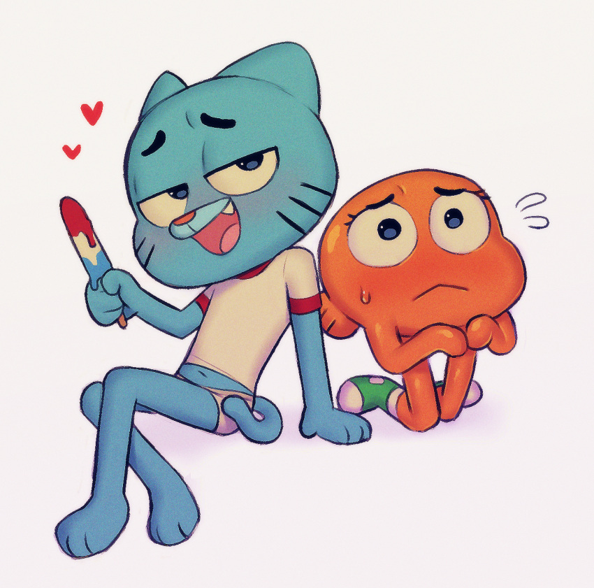 &lt;3 anthro cartoon_network clothing darwin_watterson domestic_cat duo felid feline felis fish food gumball_watterson hi_res male mammal marine popsicle simple_background the_amazing_world_of_gumball white_background wuggy