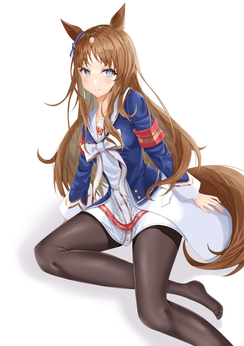 1girl absurdres animal_ears armband black_pantyhose blue_eyes blue_jacket blush bow brown_hair closed_mouth commentary_request dress ear_ornament feet foot_out_of_frame grass_wonder_(umamusume) highres horse_ears horse_girl horse_tail jacket long_hair looking_at_viewer multicolored_hair on_ground pantyhose simple_background smile solo streaked_hair tail tsuyusora umamusume white_background white_bow white_dress