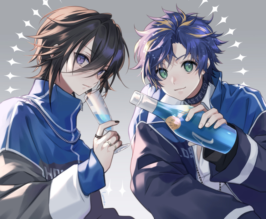 2boys alternate_costume astel_leda black_hair black_nails blonde_hair blue_hair bottle chain_necklace collar cup gradient_background green_eyes grey_background holding holding_bottle holding_cup holostars jacket jewelry kanade_izuru looking_at_viewer luma8b male_focus multicolored_hair multiple_boys multiple_rings necklace open_clothes open_jacket purple_eyes ring short_hair slit_pupils smile sparkle two-tone_hair upper_body virtual_youtuber