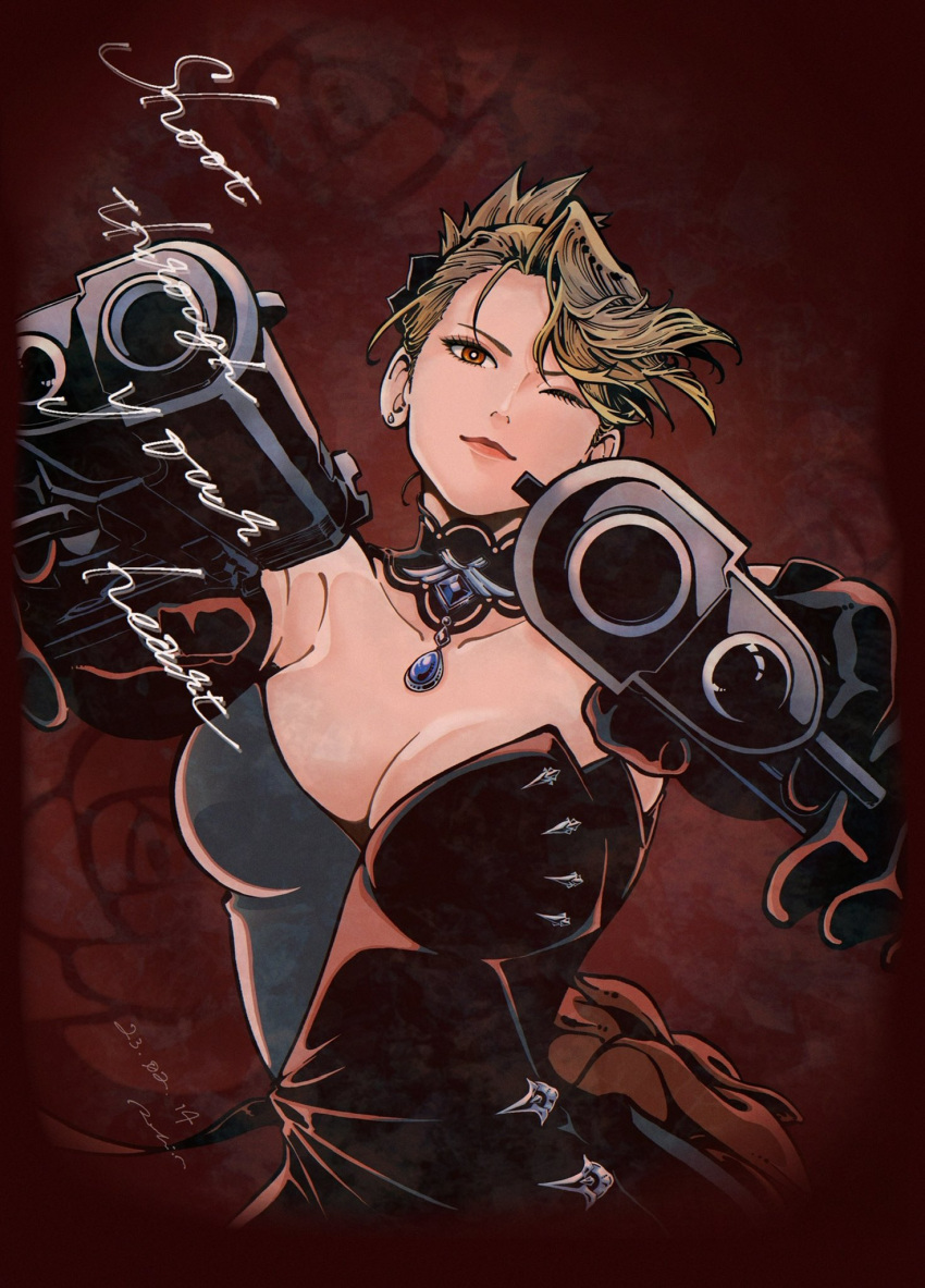 1girl aiming aiming_at_viewer asymmetrical_bangs black_dress black_gloves blonde_hair blue_gemstone breasts brooch cleavage closed_mouth dated detached_collar dress dual_wielding english_text floating_hair folded_ponytail formal fullmetal_alchemist fullmetal_alchemist_mobile gem gloves grey_dress gun hair_ornament handgun hands_up head_tilt highres holding jewelry kachohuugetsu lipstick looking_at_viewer makeup one_eye_closed outstretched_arms pendant red_background red_eyes red_lips riza_hawkeye smile solo strapless strapless_dress two-tone_dress upper_body weapon