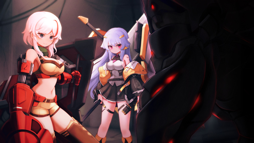 1other 2girls bare_shoulders belt black_jacket black_skirt breasts character_request cleavage closed_mouth collared_shirt crop_top detached_sleeves gloves grey_eyes hair_ornament highres holding holding_shield holding_weapon hwaryeok jacket kneehighs large_breasts last_origin light_purple_hair long_hair long_sleeves looking_at_viewer mecha_musume mechanical_arms midriff miniskirt multicolored_hair multiple_girls navel numbered open_clothes open_jacket pleated_skirt plump purple_eyes purple_hair red_hair robot scarf science_fiction shield shirt short_hair short_shorts shorts sidelocks skirt sleeveless sleeveless_shirt smile socks standing streaked_hair sword thigh_strap thighhighs thighs very_long_hair weapon white_hair yellow_shorts