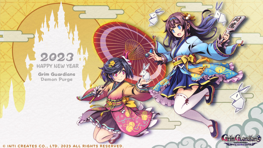 2girls bell blue_eyes cloud gal_guardians gal_gun_(series) hair_ornament hairband hairclip happy_new_year highres japanese_clothes kamizono_maya kamizono_shinobu kimono long_hair masanori_ito mask multiple_girls official_art official_wallpaper open_mouth origami parasol pink_eyes short_hair siblings sisters smile thighhighs umbrella yukata zettai_ryouiki