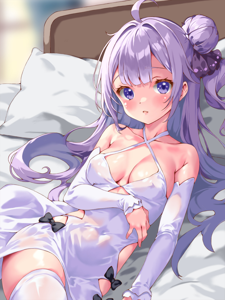 1girl absurdres ahoge azur_lane bare_shoulders bed_sheet black_ribbon blunt_bangs blush breasts covered_navel covered_nipples criss-cross_halter detached_sleeves dress hair_bun halterneck highres iwato_(celler) long_hair looking_at_viewer lying medium_breasts on_back on_bed parted_lips pillow purple_eyes purple_hair ribbon see-through see-through_dress solo unicorn_(azur_lane) white_dress white_sleeves