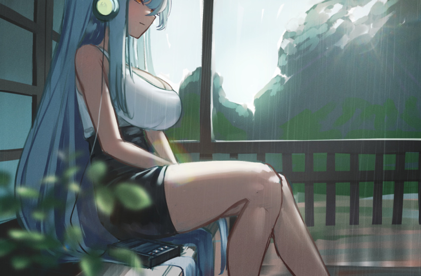 1girl black_skirt blue_hair blurry blurry_foreground breasts cleavage closed_mouth day from_side headphones high-waist_skirt hraesvelgr_(last_origin) large_breasts last_origin listening_to_music long_hair nyanom orange_eyes outdoors pencil_skirt rain sitting skirt solo tank_top very_long_hair white_tank_top