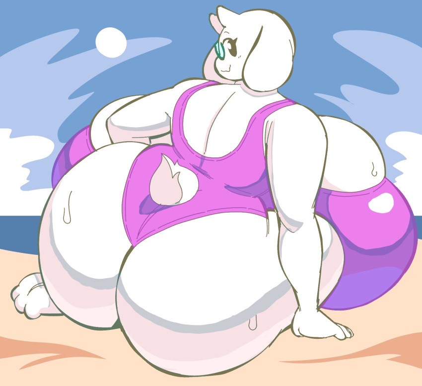 angstrom anthro beach big_breasts big_butt black_eyes boss_monster bovid breasts butt caprine clothing eyewear female floppy_ears glasses goat hi_res huge_breasts huge_butt hyper hyper_breasts looking_at_viewer looking_back mammal one-piece_swimsuit seaside sitting smile solo swimwear toriel undertale undertale_(series) white_body