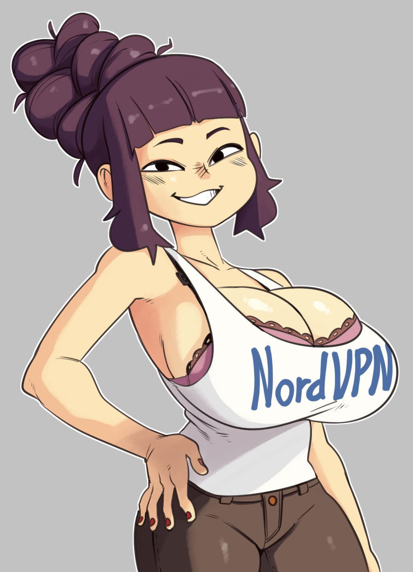 1girl blunt_bangs bra bra_peek bra_strap breasts bursting_breasts cleavage command_grab_(nuclear_wasabi) curvy grey_background hair_bun hand_on_own_hip highres large_breasts looking_at_viewer nail_polish non-web_source nordvpn nuclear_wasabi original posing purple_hair shirt simple_background smile solo tank_top tight_clothes tight_shirt undersized_clothes underwear