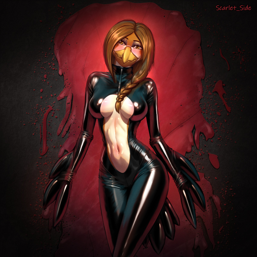 2023 anthro avian big_breasts bird blush breasts clothed clothing digital_media_(artwork) feathers female hair hi_res latex latex_clothing looking_at_viewer rubber rubber_clothing rubber_suit scarlet_side simple_background smile solo tail white_body