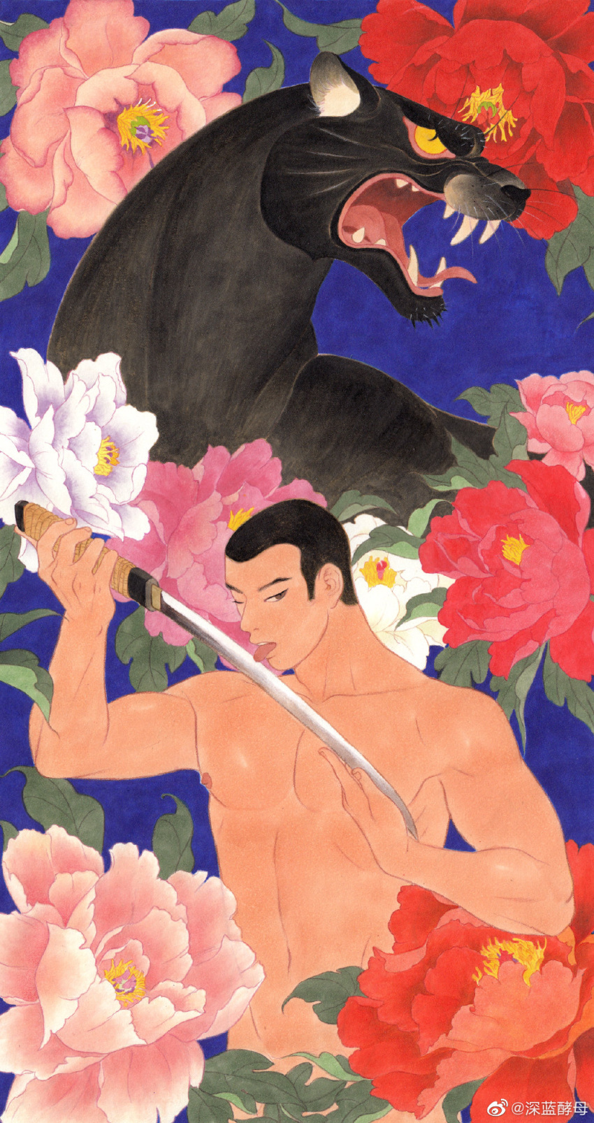 1boy abs angry animal bara black_hair black_panther buzz_cut completely_nude floral_background flower_censor highres holding holding_knife holding_weapon knife large_pectorals licking licking_blade licking_weapon looking_at_viewer male_focus muscular muscular_male navel nipples nude one_eye_closed original pectorals receding_hairline sblue_(smbluechao) short_hair sideburns slit_pupils solo very_short_hair weapon whiskers