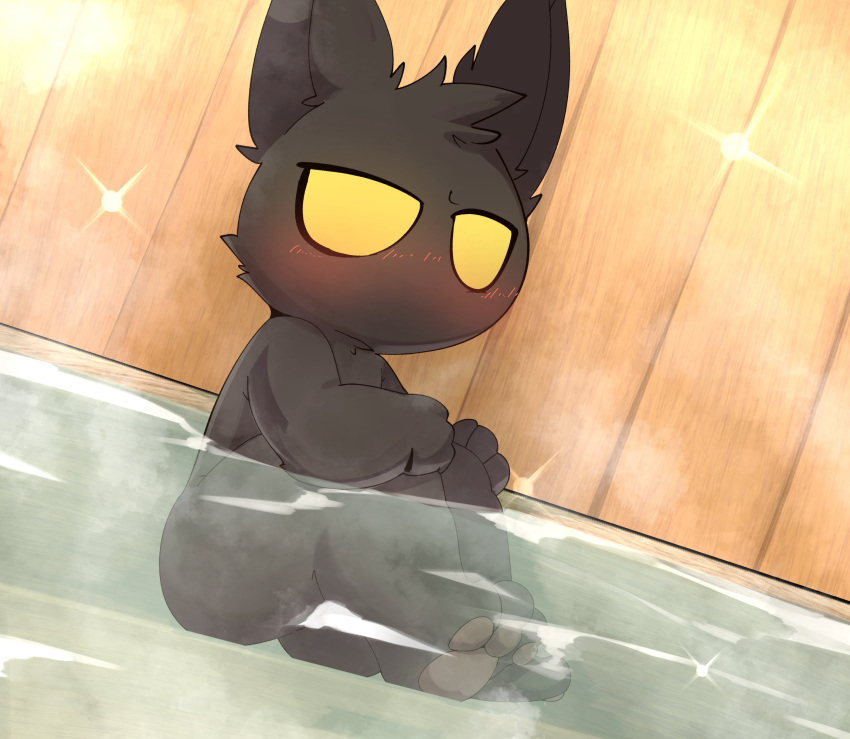 anthro bathing black_body black_fur blush butt dutch_angle fur half-closed_eyes hands_on_knees hands_on_legs head_tuft hi_res league_of_legends looking_at_viewer male mouthless narrowed_eyes nude pawpads pool riot_games sitting sitting_in_water smite_(artist) solo steam tuft veigar yellow_eyes yordle