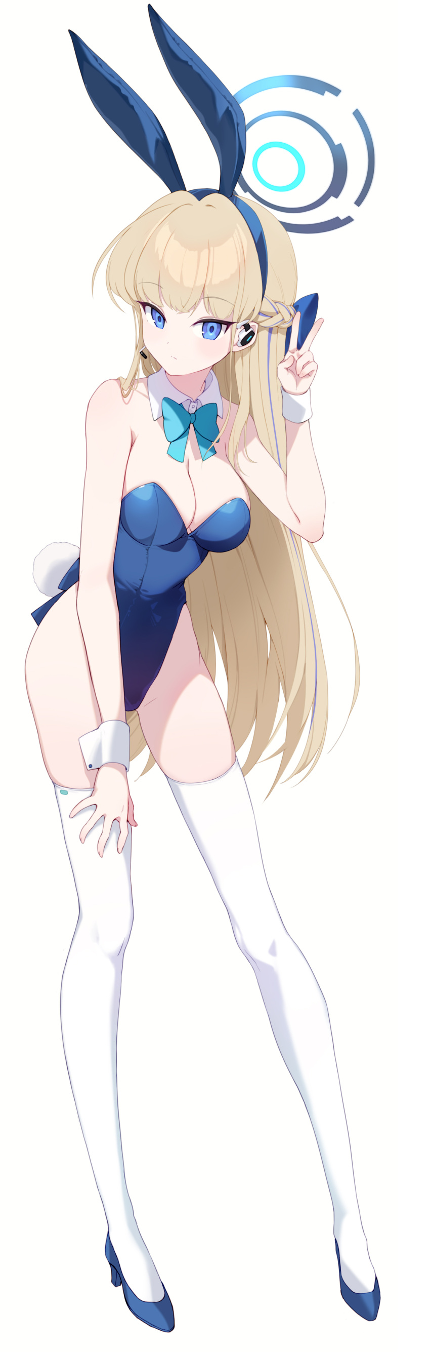 1girl absurdres animal_ears aqua_bow aqua_bowtie blonde_hair blue_archive blue_eyes blue_footwear blue_leotard bow bowtie breasts detached_collar earpiece fake_animal_ears fake_tail full_body halo high_heels highleg highleg_leotard highres leotard long_hair looking_at_viewer medium_breasts official_alternate_costume playboy_bunny rabbit_ears rabbit_tail simple_background solo strapless strapless_leotard tail taro_(ultrataro) thighhighs toki_(blue_archive) toki_(bunny)_(blue_archive) v very_long_hair white_background white_thighhighs white_wrist_cuffs