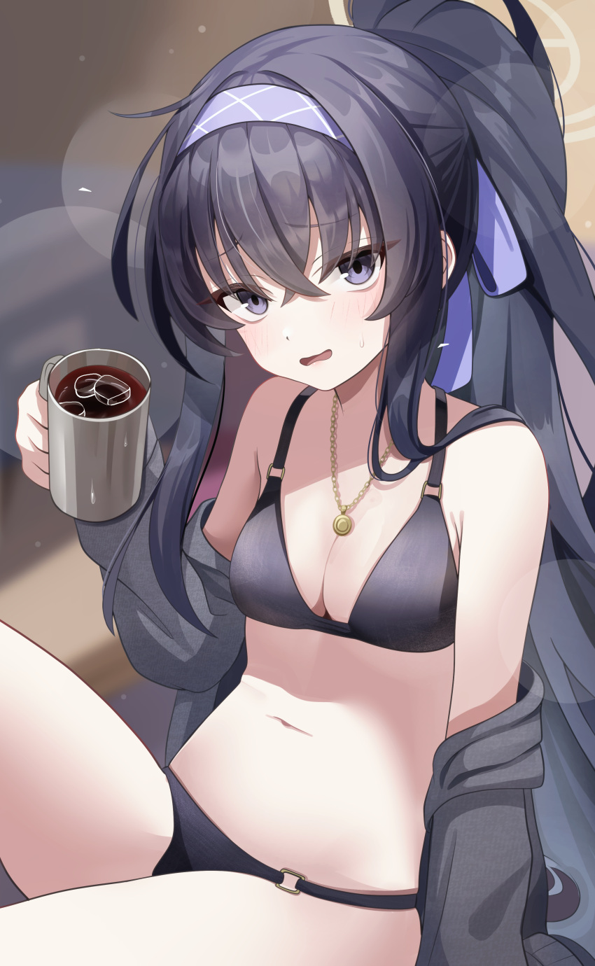 1girl absurdres arm_support bikini black_bikini black_hair blue_archive blurry bow breasts cardigan cleavage coffee_mug commentary_request cup depth_of_field grey_cardigan hair_between_eyes hair_bow hair_ribbon hairband halo highres holding holding_cup iced_coffee jewelry long_hair looking_at_viewer mug musson navel necklace official_alternate_costume official_alternate_hairstyle open_cardigan open_clothes outdoors pendant ponytail purple_eyes ribbon sidelocks sleeveless solo stomach swimsuit ui_(blue_archive) ui_(swimsuit)_(blue_archive)