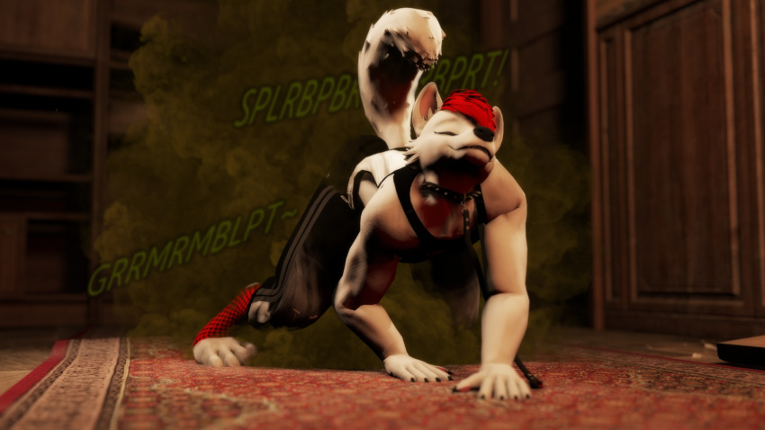 16:9 3d_(artwork) anthro ass_up black_bottomwear black_clothing black_nails black_pants bottomwear canid canine canis carpet cheek_tuft clothed clothing collar colored_nails digital_media_(artwork) domestic_dog facial_tuft fart fart_cloud fart_fetish footwear fur furniture green_fart_cloud hair hi_res male mammal muscular nails on_ground onomatopoeia pants raised_tail red_clothing red_footwear red_hair shirt solo solo_focus sound_effects source_filmmaker starbucke tail tank_top text topwear tuft white_body white_fur widescreen