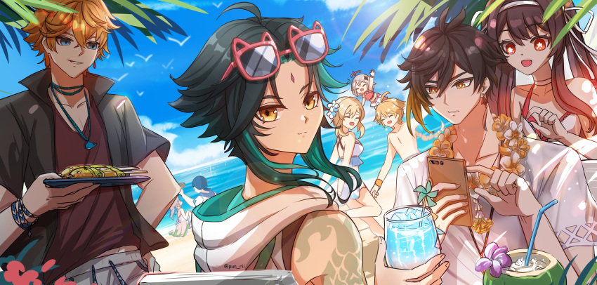 absurdres aether_(genshin_impact) bare_shoulders beach bikini bird black_hair blonde_hair blue_eyes brown_hair cellphone cloud cocktail_glass coconut cup drink drinking_glass earrings flower flower-shaped_pupils flower_necklace genshin_impact green_hair grey_hair hand_up highres hu_tao_(genshin_impact) jewelry looking_at_viewer lumine_(genshin_impact) nahida_(genshin_impact) ocean open_mouth orange_hair paimon_(genshin_impact) phone pun-rii red_eyes scaramouche_(genshin_impact) shirt short_hair_with_long_locks single_earring sitting sky smartphone smile star-shaped_pupils star_(symbol) swimsuit symbol-shaped_pupils tartaglia_(genshin_impact) twintails wanderer_(genshin_impact) xiao_(genshin_impact) yellow_eyes zhongli_(genshin_impact)