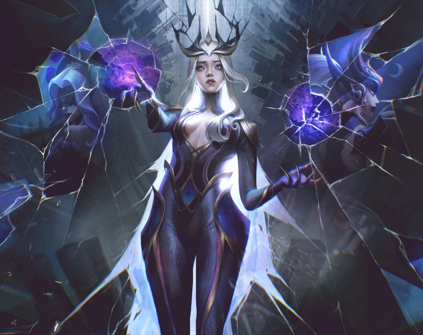 1girl black_blindfold blindfold breasts broken_mirror chromatic_aberration cowboy_shot english_commentary highres large_breasts league_of_legends long_hair looking_ahead looking_at_viewer magic mirror multiple_views official_alternate_costume official_alternate_hairstyle parted_lips purple_eyes reflection standing syndra thighs white_hair withered_rose_syndra zoe_(crownsforkings)