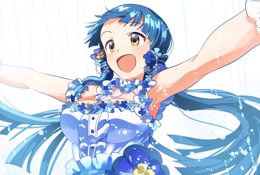 1girl :d arm_scrunchie armpits bare_shoulders bead_necklace beads blue_flower blue_hair blush breasts brown_eyes choker cleavage collarbone dress earrings flower frilled_dress frills hair_flower hair_ornament hands_up highres idolmaster idolmaster_million_live! idolmaster_million_live!_theater_days jewelry kitakami_reika long_hair looking_at_another low_twintails medium_breasts necklace open_mouth outstretched_arms sash simple_background sleeveless sleeveless_dress smile solo takumi_(scya) twintails upper_body very_long_hair water_drop white_background white_choker white_dress white_sash