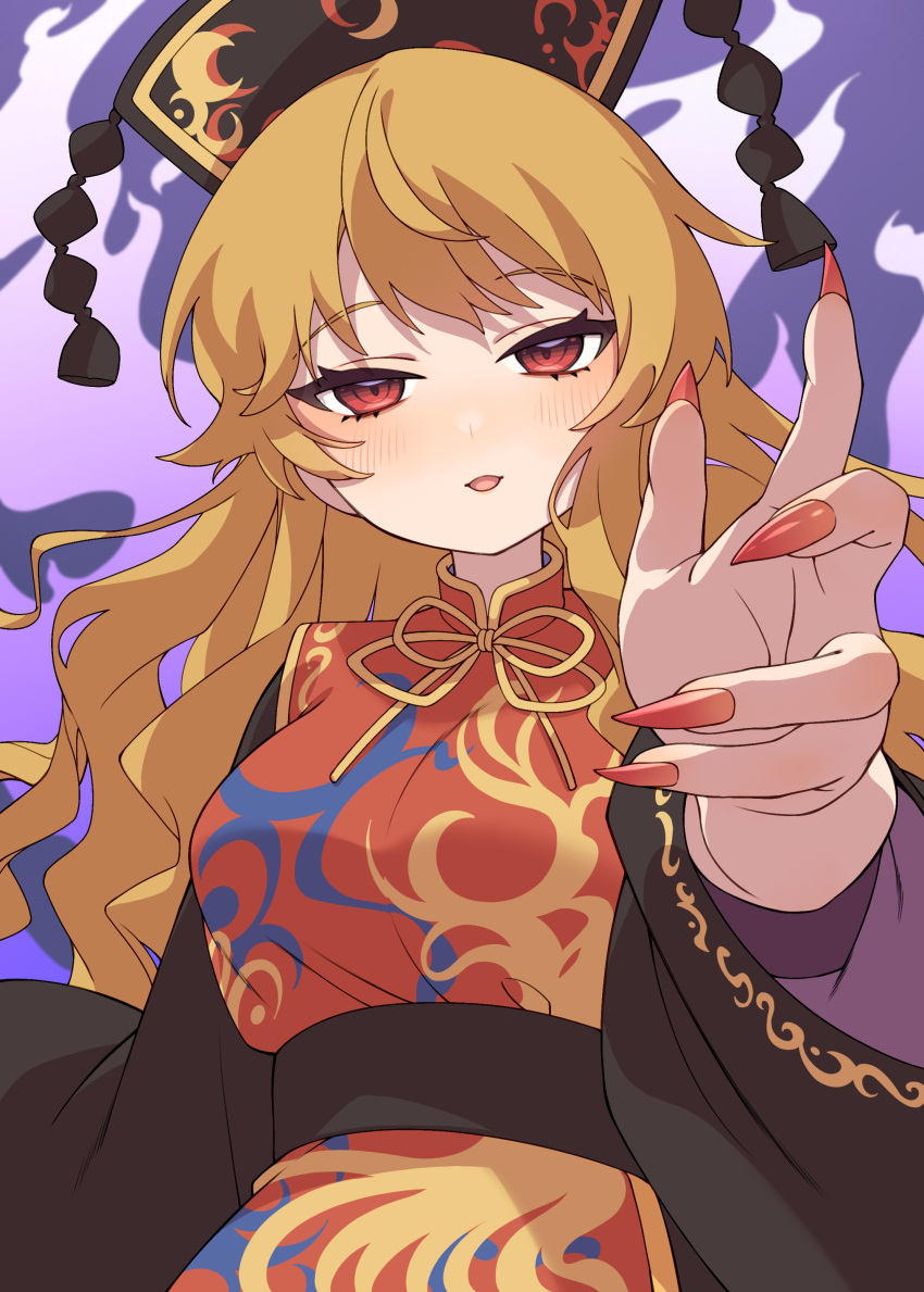 1girl absurdres black_dress black_headwear blonde_hair blush chinese_clothes dress e_sdss fingernails highres junko_(touhou) long_fingernails long_hair long_sleeves looking_at_viewer nail_polish open_mouth phoenix_crown red_eyes red_nails sharp_fingernails smile solo tabard touhou upper_body wide_sleeves