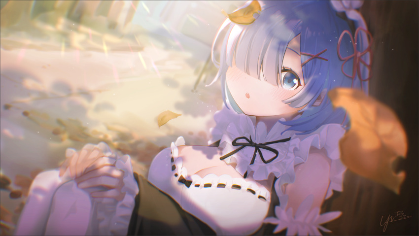 1girl :o absurdres blue_eyes blue_hair breasts cleavage detached_sleeves evening frilled_sleeves frills hair_ornament hair_over_one_eye hair_ribbon highres large_breasts leaf leaf_on_head looking_at_viewer maid maid_headdress on_ground open_mouth outdoors pantyhose pink_ribbon re:zero_kara_hajimeru_isekai_seikatsu rem_(re:zero) ribbon roswaal_mansion_maid_uniform short_hair solo tree white_pantyhose x_hair_ornament yunnasu