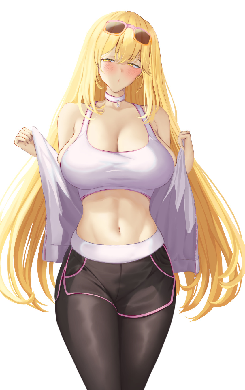 1girl absurdres alternate_costume bare_shoulders black_leggings black_shorts blonde_hair breasts choker cleavage dolphin_shorts english_commentary eyewear_on_head hair_between_eyes half-closed_eyes highres jacket large_breasts leggings leggings_under_shorts light_blush long_hair looking_at_viewer midriff navel off_shoulder open_clothes open_jacket puckered_lips shokuhou_misaki short_shorts shorts solo sports_bra sportswear star-shaped_pupils star_(symbol) star_choker sunglasses symbol-shaped_pupils toaru_kagaku_no_mental_out toaru_kagaku_no_railgun toaru_majutsu_no_index white_choker white_jacket white_sports_bra yellow_eyes zai-senpai