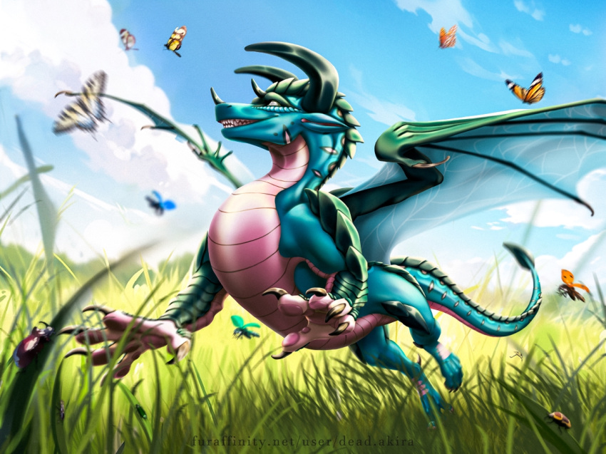 action_pose arthropod beetle blue_body chimera claws dead.akira dragon feral grass grass_field green_body happy horn hybrid insect male open_mouth pawpads pink_body pink_pawpads pink_paws plant pose running running_away sky smile solo spread_wings stag_beetle tail tall_grass twisted_horns wings