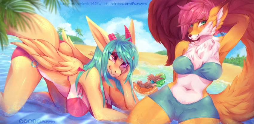 absurd_res anthro beach bikini blue_hair blush blush_lines breasts broken_horn canid canine clothing dragon duo eye_scar facial_scar feathered_wings feathers female feral fluffy fluffy_tail fox friends fur green_eyes group hair herm hi_res horn intersex island kneeling lagomorph landscape_background leporid long_tail looking_at_viewer makeup mammal orange_body orange_fur palm_tree piiunivers pink_eyes pink_hair plant pool_toy rabbit scalie scar seaside shy sitting smile smiling_at_viewer summer swimwear tail tree trio water wings