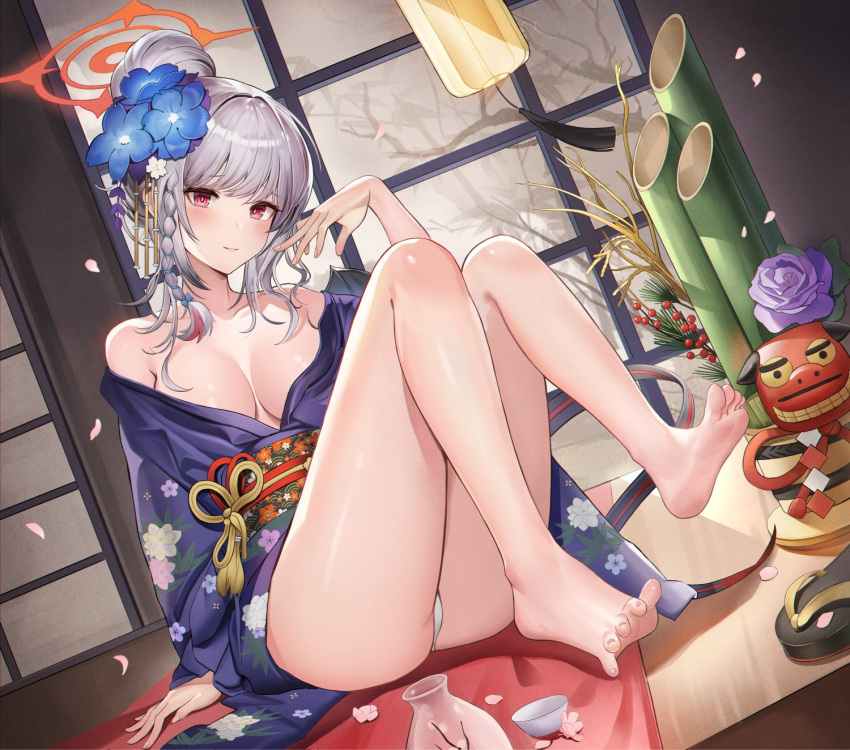 1girl arm_support bamboo bare_legs bare_shoulders barefoot blue_archive blush bottle braided_sidelock breasts collarbone commentary_request dutch_angle feet floral_print flower hair_flower hair_ornament hand_up haruna_(blue_archive) haruna_(new_year)_(blue_archive) head_tilt highres iino_(isnyong) indoors japanese_clothes kimono knees_together_feet_apart knees_up lantern large_breasts legs long_legs looking_at_viewer medium_hair obi obijime off_shoulder official_alternate_costume panties paper_lantern parted_lips pink_eyes print_kimono purple_kimono sake_bottle sandals sandals_removed sash sidelocks sitting soles solo spread_toes swept_bangs thighs toenails toes underwear white_panties wide_sleeves