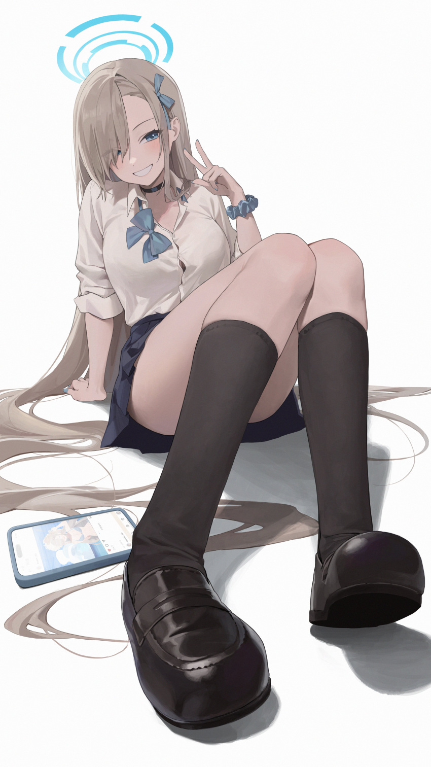 1girl absurdres asuna_(blue_archive) black_footwear black_socks blue_archive blue_eyes blue_wristband bow bowtie breasts cellphone choker collarbone foreshortening grin hair_over_one_eye halo highres irain_(_irain_) large_breasts light_brown_hair loafers long_hair loose_bowtie open_clothes open_shirt phone scrunchie shirt shoes short_sleeves simple_background sitting smartphone smile socks solo v very_long_hair white_background white_shirt wrist_scrunchie