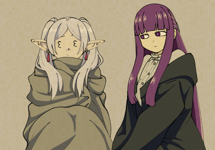 &lt;o&gt;_&lt;o&gt; 2girls 3_3 a-king blanket elf fern_(sousou_no_frieren) frieren long_hair multiple_girls pointy_ears purple_eyes purple_hair simple_background sousou_no_frieren twintails white_hair