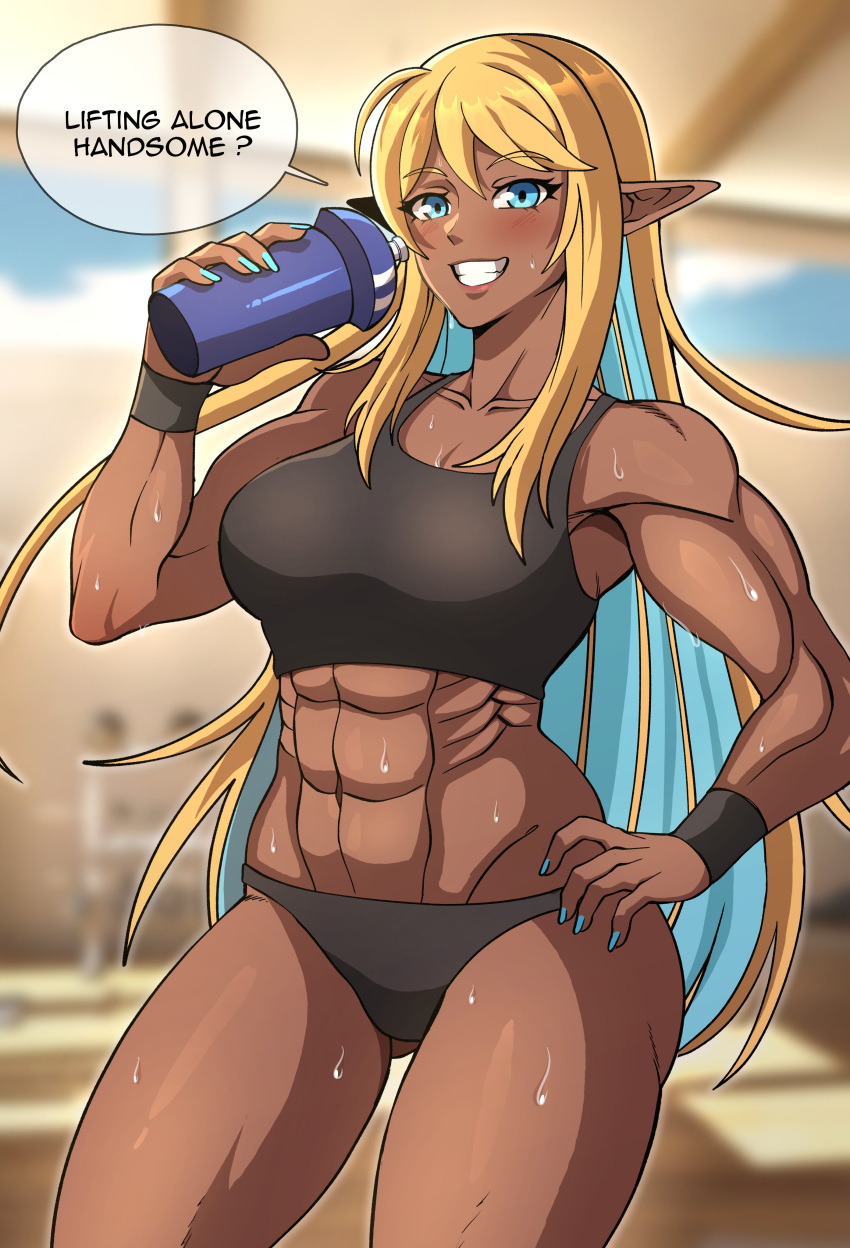 abs absurd_res big_breasts blonde_hair blue_eyes blue_hair blue_nails bodily_fluids bottomwear breasts clothing colored_nails dark_body dark_skin dialogue dk_stuff elf eyelashes female grey_bottomwear grey_clothing grey_topwear hadairu_koseiri_(dsv) hair hand_on_hip hi_res humanoid humanoid_pointy_ears long_hair looking_at_viewer multicolored_hair muscular muscular_female nails navel smile solo speech_bubble sweat sweatdrop talking_to_viewer text thick_thighs topwear two_tone_hair wide_hips