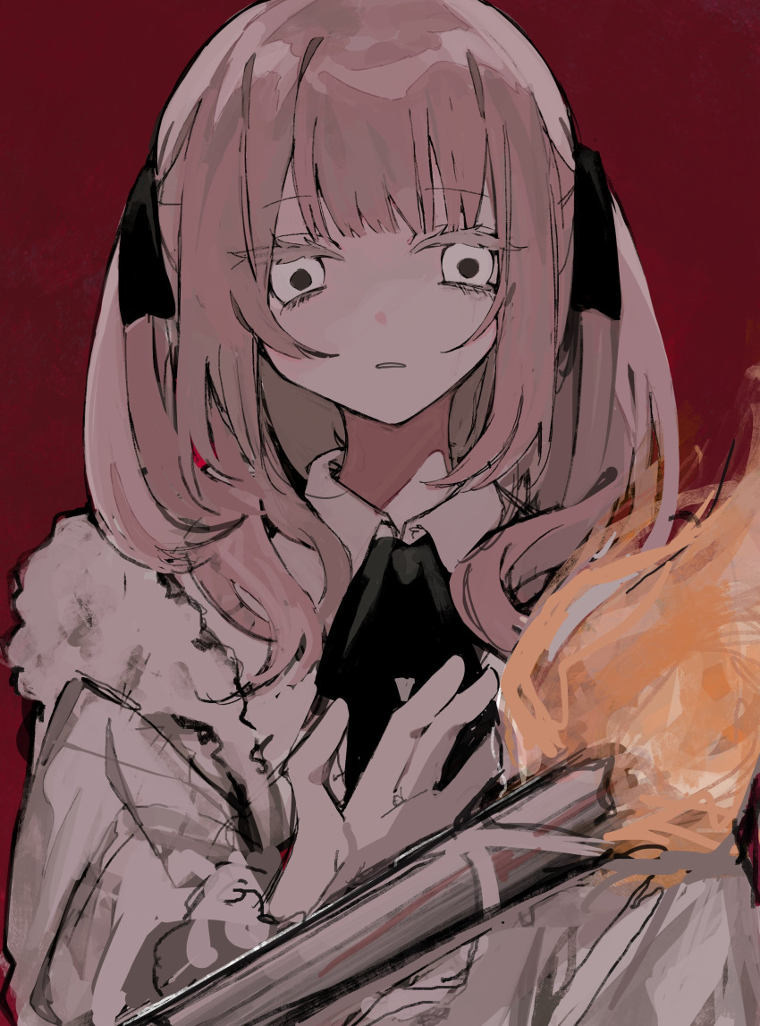 1girl absurdres adipocere_(vocaloid) black_ribbon collared_shirt empty_eyes expressionless fire fur-trimmed_jacket fur_trim hair_ribbon hand_up highres jacket long_hair looking_at_viewer neck_ribbon parted_lips pink_hair red_background ribbon shirt si_(wooupp) simple_background solo thick_eyelashes throwing torch twintails upper_body vocaloid white_eyes white_jacket white_shirt