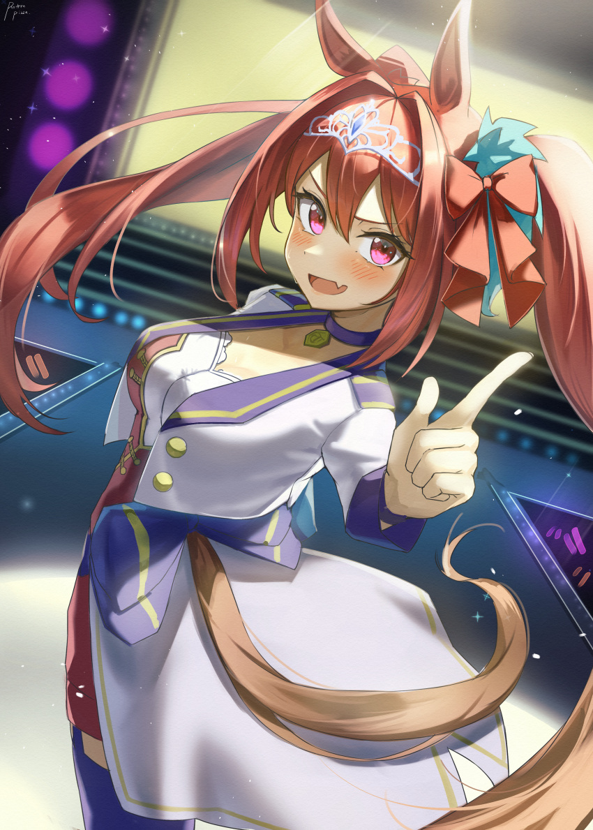 1girl absurdres animal_ears bow breasts brown_hair catwalk_(modeling) coat cowboy_shot cropped_jacket daiwa_scarlet_(umamusume) dress dutch_angle hair_bow highres holding_glowstick horse_ears horse_girl horse_tail light long_hair looking_at_viewer open_mouth pink_eyes red_dress screen smile solo stage stairs starting_future_(umamusume) tail teeth tiara twintails umamusume upper_teeth_only watashinabe white_coat