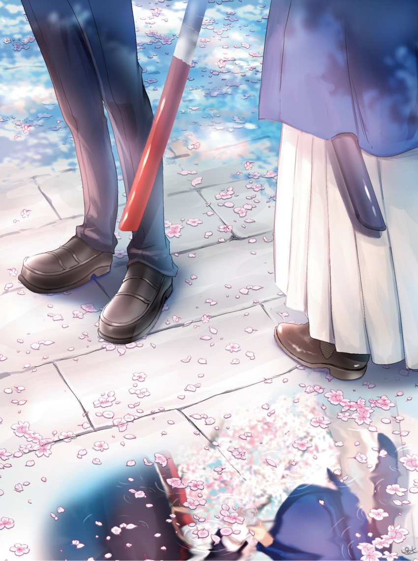 2boys black_footwear black_pants brown_footwear cherry_blossoms dappled_sunlight fate/grand_order fate_(series) flower hakama highres holding_hands japanese_clothes loafers lower_body male_focus multiple_boys okada_izou_(fate) out_of_frame pants petals pink_flower pirohi_(pirohi214) puddle reflection reflective_water ripples sakamoto_ryouma_(fate) sett sheath shoes standing sunlight white_hakama