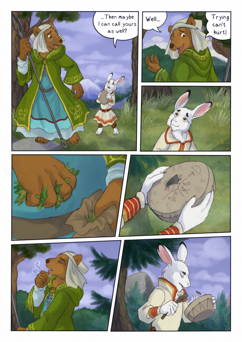 2021 anthro bear biped bjekkergauken brown_bear brown_body brown_fur clothed clothing colored comic day dialogue dialogue_box duo female fur grass green_clothing hare hi_res holding_object lagomorph leporid male mammal mountain_hare nanna_(bjekkergauken) outside plant size_difference speech_bubble tree ursine vide_(bjekkergauken) white_body white_fur