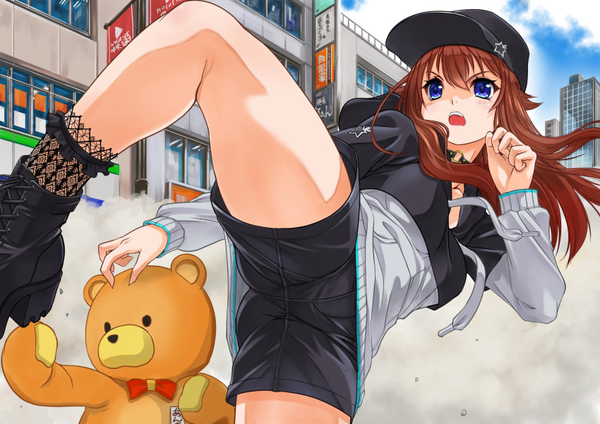 1girl angry ankimo_(tokino_sora) ass baseball_cap black_choker black_footwear black_headwear black_hoodie black_shorts black_socks blue_eyes boots breasts brown_hair choker city crotch crotch_seam day drawstring flexible hat high_kick highres hololive hood hoodie kicking lace-trimmed_socks long_hair long_sleeves madcolorngr medium_breasts o-ring o-ring_choker open_mouth outdoors platform_footwear short_shorts shorts sky smoke socks standing standing_on_one_leg thighs tokino_sora tokino_sora_(6th_costume) two-tone_hoodie virtual_youtuber white_hoodie