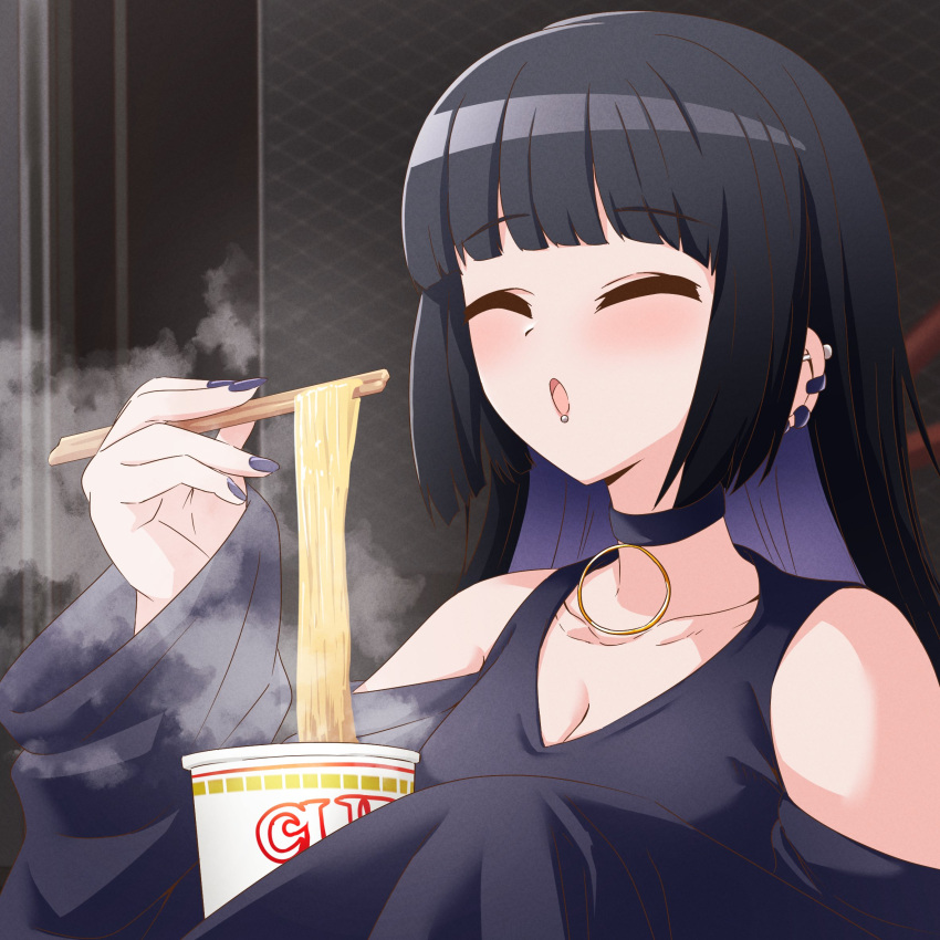 ^_^ black_choker black_dress black_hair blunt_bangs bocchi_the_rock! breasts chin_piercing choker chopsticks cleavage closed_eyes clothing_cutout colored_inner_hair cup_noodle dress ear_piercing eating food gothic highres holding holding_chopsticks jewelry long_dress long_hair multicolored_hair necklace noodles okayu_(joneydcd) open_mouth pa-san piercing purple_hair purple_nails ramen ring_necklace shoulder_cutout steam