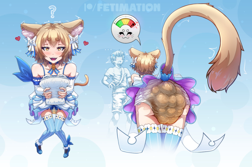 &lt;3 abstract_background animal_humanoid asking bent_over blonde_hair blue_clothing blue_legwear blush blush_lines bodily_fluids bow_accessory cat_humanoid cat_tail clothing diaper dress duo faceless_character faceless_male feces felid felid_humanoid feline feline_humanoid ferris_argyle fetimation footwear genital_fluids hair high_heels holding_diaper human humanoid legwear light_body light_skin male male/male mammal mammal_humanoid messy_diaper meter multiple_angles pictographics pooping question_mark re:zero soiled_diaper soiling soiling_diaper speech_bubble thigh_highs touching_diaper upskirt urine wet_diaper wetting yellow_eyes