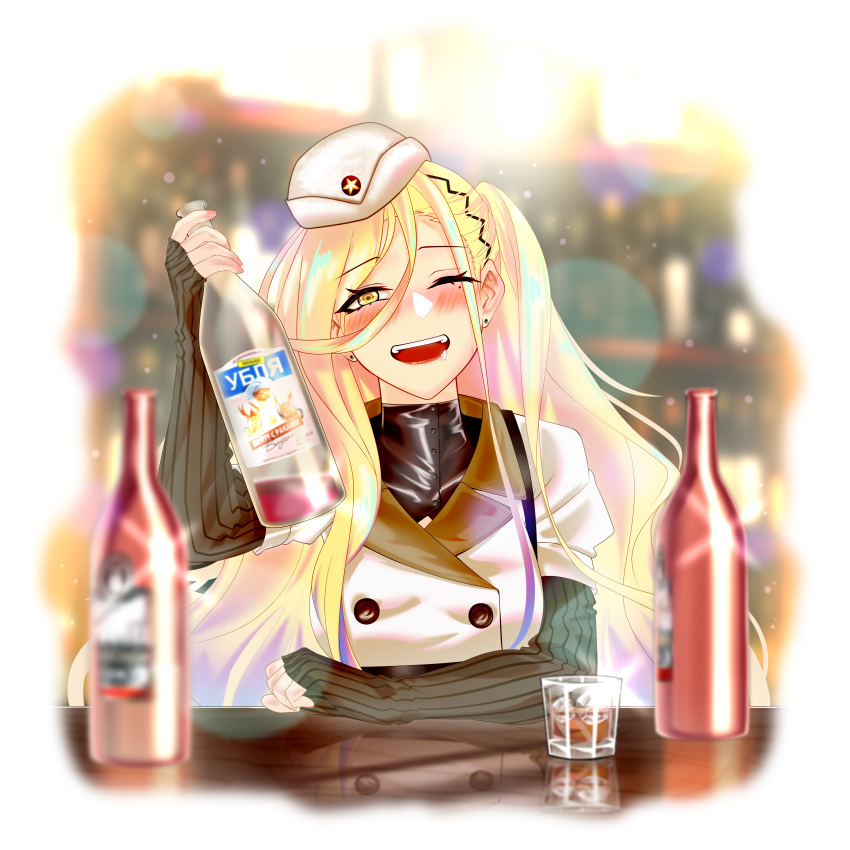 1girl a-91_(girls'_frontline) absurdres alcohol bar_(place) blonde_hair blurry blurry_background blush commission commissioner_upload drunk girls'_frontline hat highres long_hair mole mole_under_eye non-web_source one_eye_closed one_side_up open_mouth samsam_s2s smile yellow_eyes
