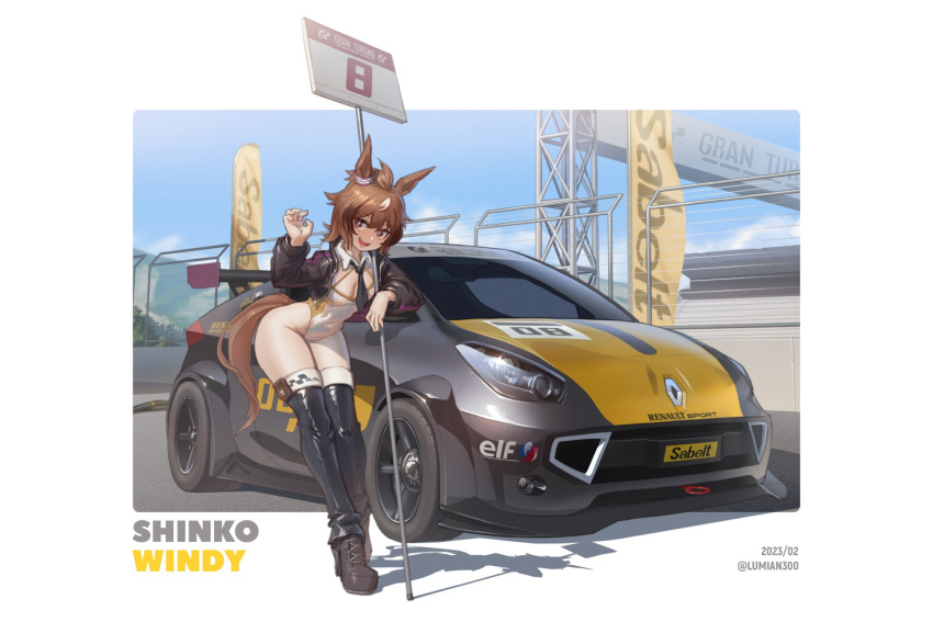 1girl ahoge alternate_costume animal_ears black_footwear black_jacket black_necktie black_thighhighs boots breasts bright_pupils brown_hair car character_name claw_pose cleavage cleavage_cutout clothing_cutout cropped_jacket dated day groin hand_up high_heel_boots high_heels highres holding holding_sign horse_ears horse_girl horse_tail jacket leotard long_sleeves looking_at_viewer lumian300 motor_vehicle multicolored_hair necktie open_mouth outdoors purple_eyes racetrack renault shadow shinko_windy_(umamusume) short_hair sign small_breasts smile solo standing streaked_hair tail thighhighs twitter_username umamusume vehicle_request white_leotard white_pupils
