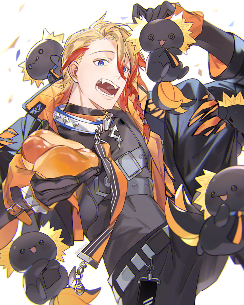 1boy :3 @_@ absurdres animal axel_syrios axelotl_(axel_syrios) axolotl belt black_gloves black_pants black_shirt blonde_hair blue_eyes braid chul_(pacifique) collar confetti cropped_jacket english_commentary fangs food gloves happy_birthday highres holding holding_animal holding_food holostars holostars_english hot_dog leash looking_at_viewer male_focus multicolored_hair open_mouth pants red_hair shirt short_hair side_braid solo_focus upper_body white_background