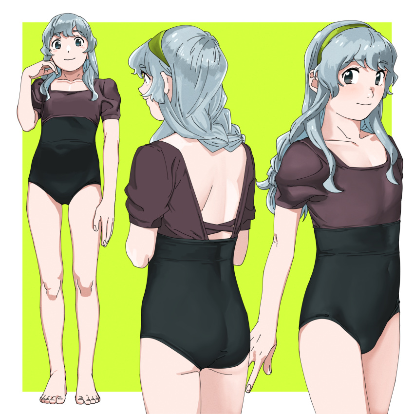 1girl alternate_costume ass back backless_outfit bare_legs barefoot black_one-piece_swimsuit blush braid brown_shirt closed_mouth collarbone covered_navel cowboy_shot feet flat_chest from_behind full_body green_background green_hairband grey_eyes grey_hair hairband highres kantai_collection long_hair looking_at_viewer multiple_views ojipon one-piece_swimsuit shirt short_sleeves sidelocks simple_background single_braid smile standing swimsuit toes two-tone_swimsuit wavy_hair yamagumo_(kancolle)