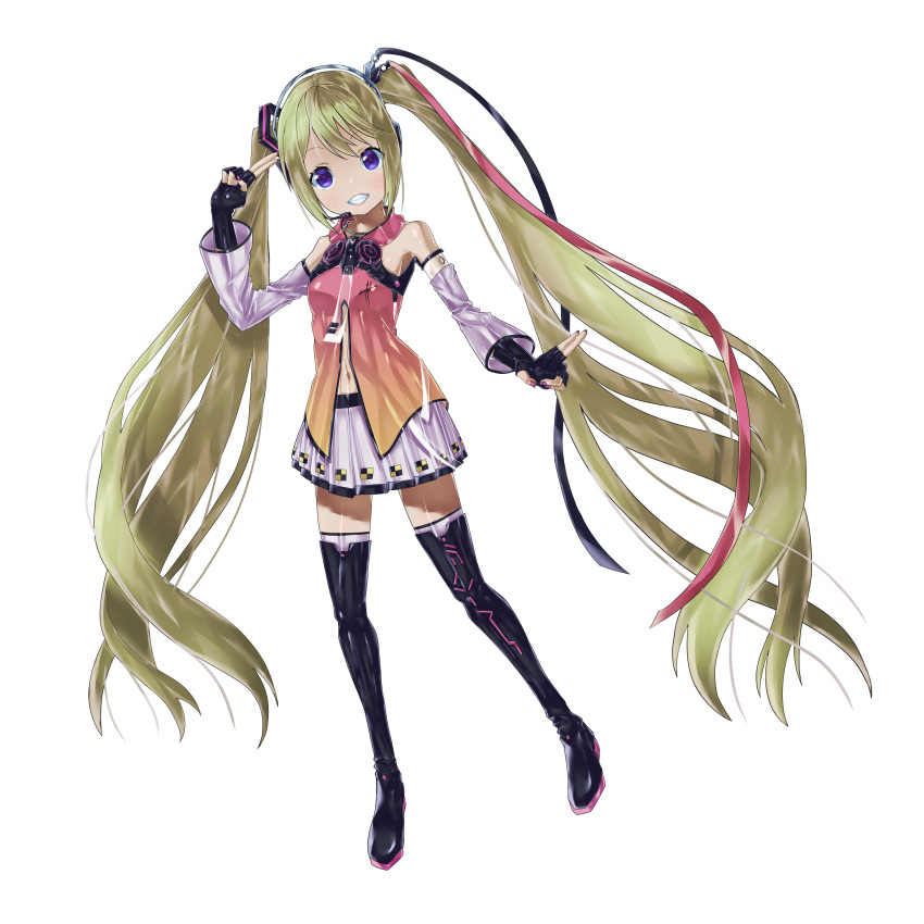 1girl absurdres blonde_hair detached_sleeves freely_tomorrow_(vocaloid) full_body happy hatsune_miku highres long_hair looking_at_viewer masatakaman55go nail_polish navel project_diva_(series) project_diva_f purple_eyes skirt smile solo star_voice_(module) twintails very_long_hair vocaloid white_skirt