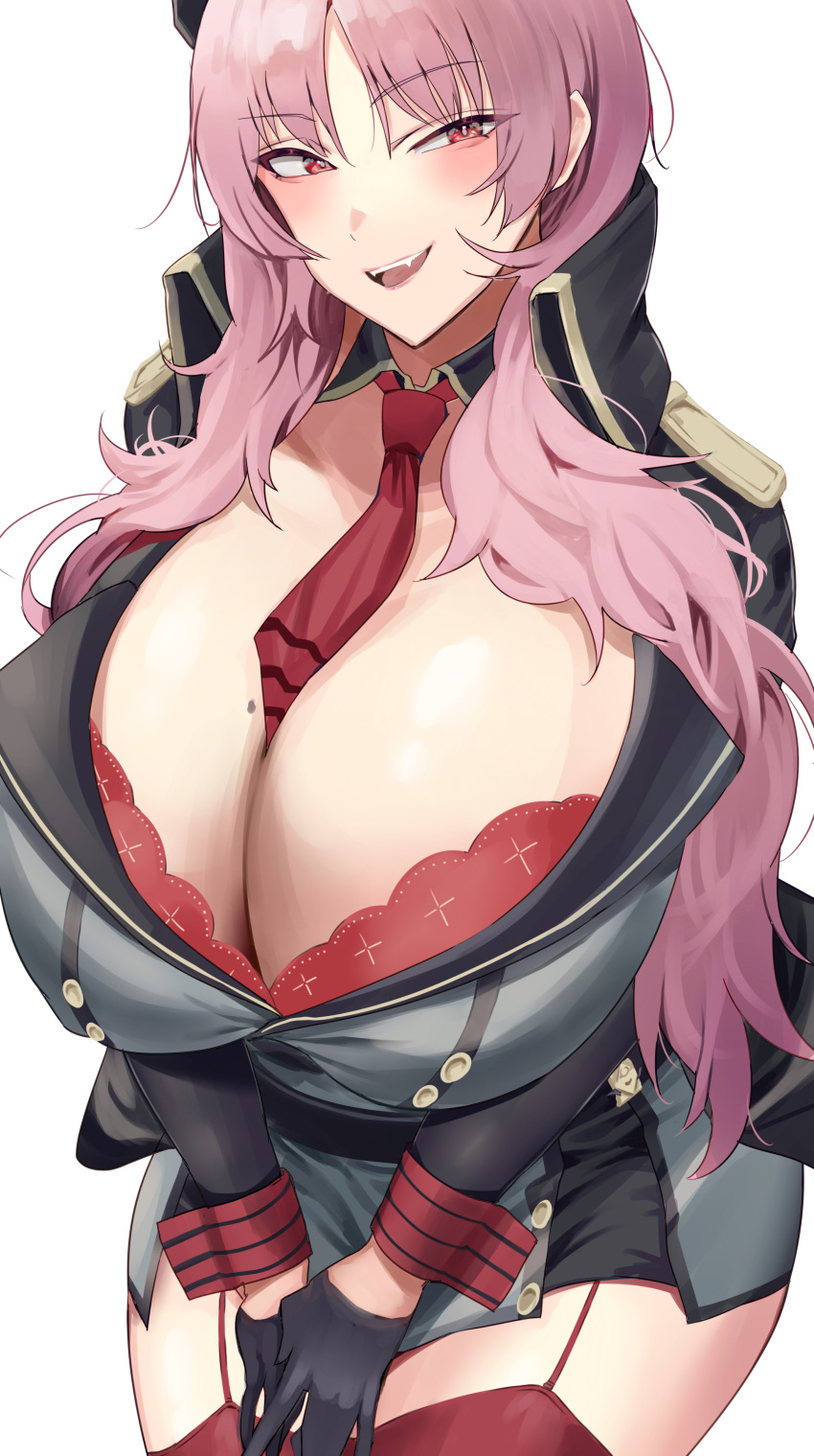 1girl absurdres black_gloves blue_archive blush breasts commentary_request gloves highres huge_breasts long_hair long_sleeves looking_at_viewer mole mole_on_breast namazu_(yamasonson) necktie parted_lips pink_eyes pink_hair red_garter_straps red_necktie red_thighhighs satsuki_(blue_archive) simple_background smile solo thighhighs white_background