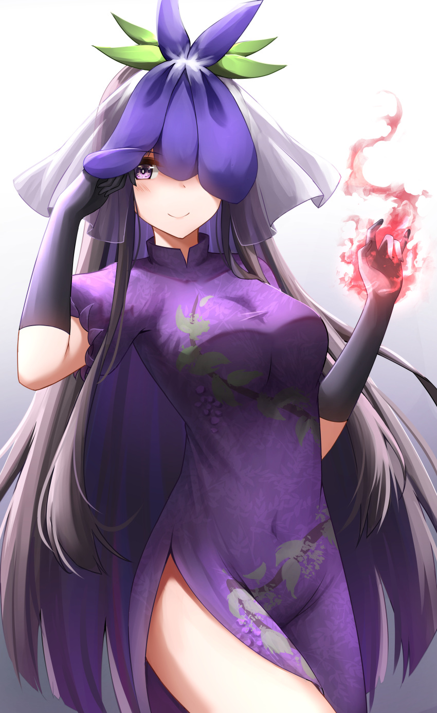 1girl absurdres black_gloves black_hair blush china_dress chinese_clothes closed_mouth dress flower flower_on_head food_print fruit_print gloves grape_print highres kuneamorai long_hair one_eye_covered purple_dress purple_eyes purple_flower short_sleeves smile solo touhou unfinished_dream_of_all_living_ghost vine_print yomotsu_hisami