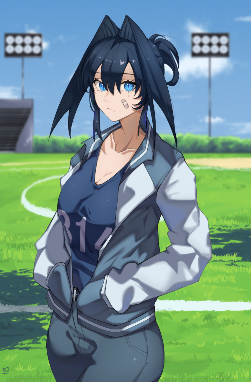 1girl absurdres bandaid bandaid_on_face black_hair bleachers blue_eyes blue_shirt blue_sky breasts cleavage cloud day hair_intakes hands_in_pockets highres hololive hololive_english jacket large_breasts looking_at_viewer o22no ouro_kronii outdoors shirt short_hair short_ponytail sky soccer_field solo stadium_lights track_jacket virtual_youtuber