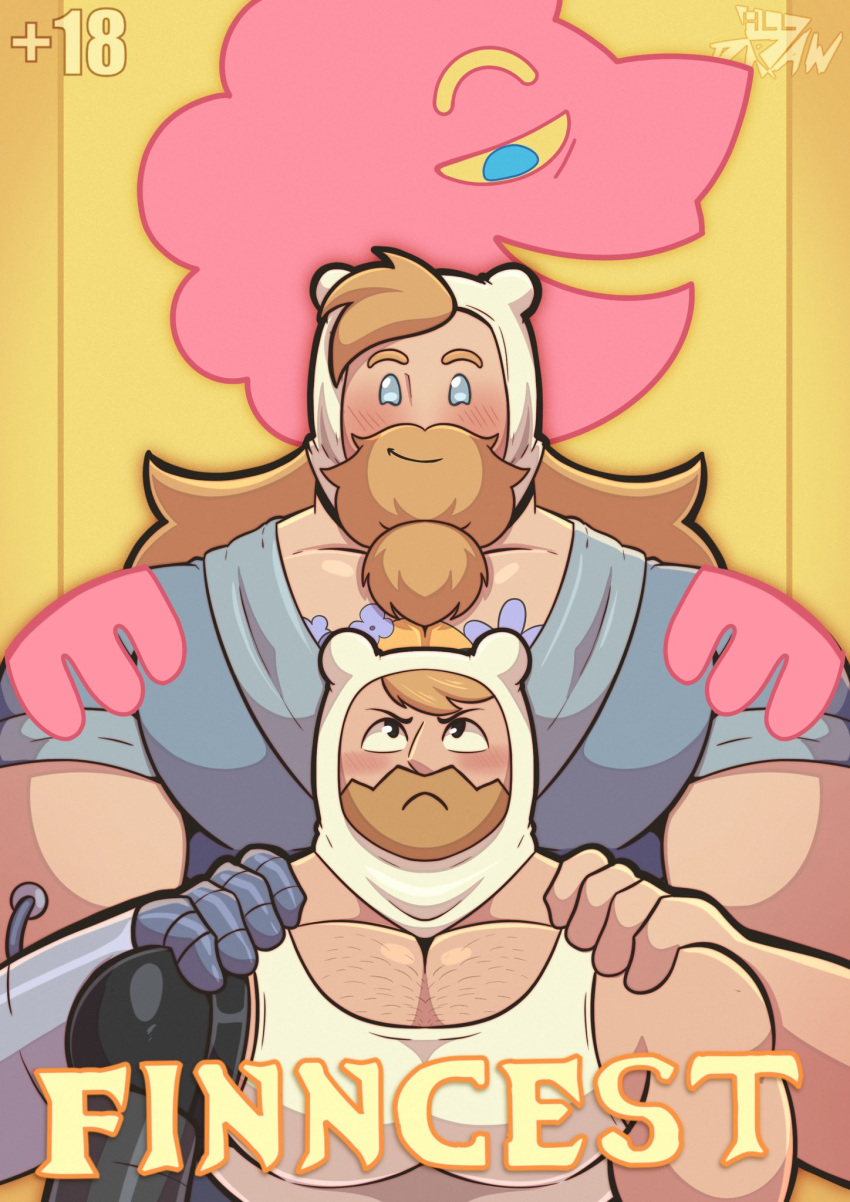 2boys adventure_time all_drawparty bara beard cover cover_page doujin_cover facial_hair finn_the_human hand_on_another's_shoulder height_difference highres large_pectorals long_beard long_hair male_focus mature_male multiple_boys muscular muscular_male paid_reward_available pectoral_cleavage pectorals prismo selfcest short_hair sparse_chest_hair tank_top thick_eyebrows tied_beard time_paradox upper_body white_tank_top yaoi