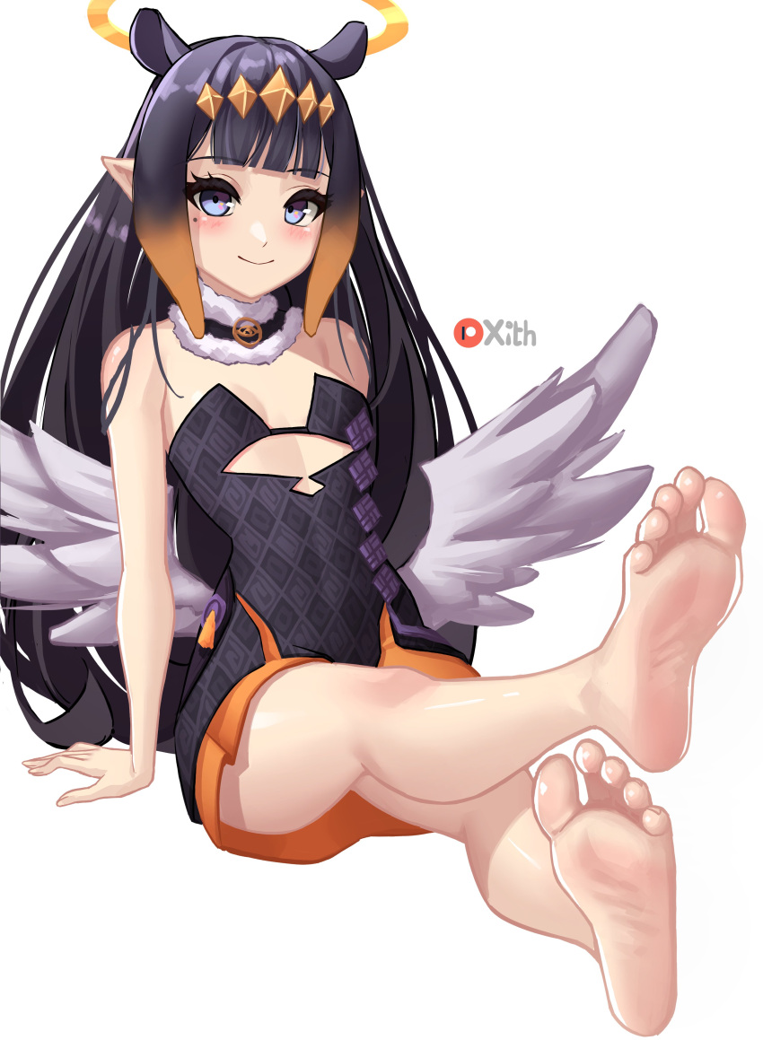 1girl absurdres arm_support artist_name bare_legs bare_shoulders barefoot black_hair blunt_bangs blush breasts closed_mouth commentary detached_collar dress english_commentary extra_ears eyelashes feathered_wings feet full_body fur-trimmed_collar fur_trim gradient_hair highres hololive hololive_english legs long_hair looking_at_viewer low_wings mole mole_under_eye multicolored_hair ninomae_ina'nis ninomae_ina'nis_(1st_costume) on_ground orange_hair patreon_logo pointy_ears purple_eyes purple_hair shadow shiny_skin short_dress sitting small_breasts smile soles solo strapless strapless_dress tentacle_hair thighs tiara toenails toes tube_dress very_long_hair virtual_youtuber wings x_xith_x
