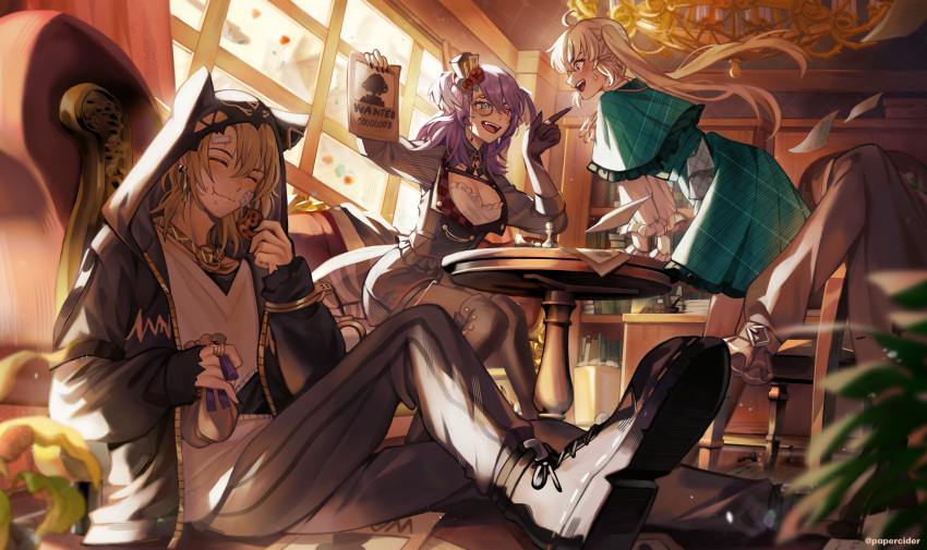 1boy 2girls black_thighhighs blonde_hair blue_eyes breasts cleavage_cutout closed_eyes closed_mouth clothing_cutout day eating food_in_mouth grey_pants heterochromia highres hood hooded_jacket indoors jacket large_breasts leaning_forward long_hair long_sleeves looking_at_another luca_kaneshiro monocle multiple_girls nijisanji nijisanji_en open_mouth pants papercider pink_eyes pointy_ears pomu_rainpuff purple_hair selen_tatsuki shoes short_hair smile table thighhighs twintails virtual_youtuber