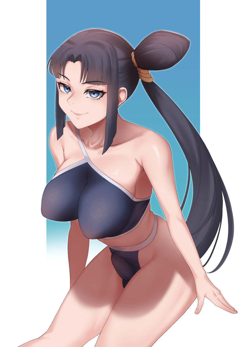 1girl absurdres bare_shoulders bikini black_hair blue_background blue_bikini blue_eyes breasts bulge closed_mouth cojohn collarbone commentary_request fate/grand_order fate_(series) futanari hair_bun highres long_hair looking_at_viewer medium_breasts parted_bangs side_ponytail sidelocks simple_background single_hair_bun single_side_bun smile solo swimsuit ushiwakamaru_(fate) ushiwakamaru_(swimsuit_assassin)_(fate) ushiwakamaru_(swimsuit_assassin)_(first_ascension)_(fate) very_long_hair white_background